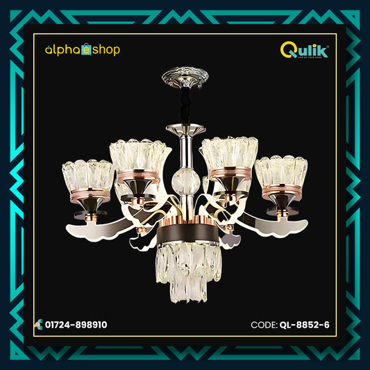 Qulik QL-8852-6 Golden Iron LED Ceiling Lamp - Modern Nordic Candle Crystal Chandelier with 6 Lamps