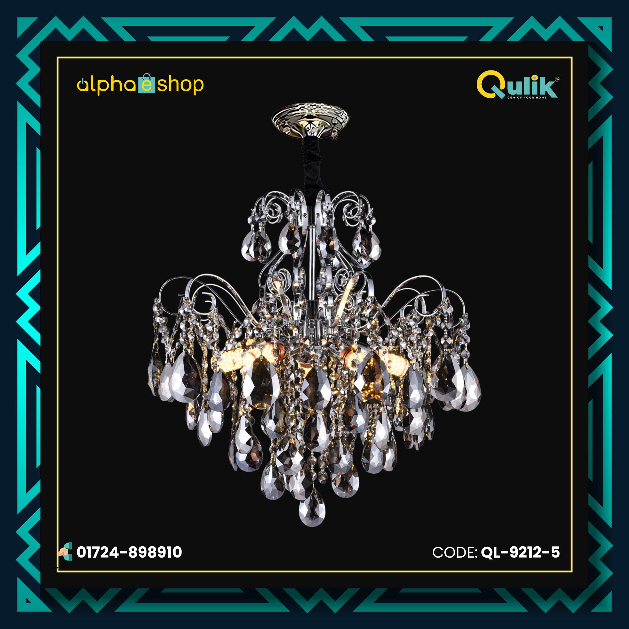 Qulik 9212-5 5 Light Ceiling Pendant in Polished Chrome with Crystal Decoration - LED, Adjustable Chain, Modern Design