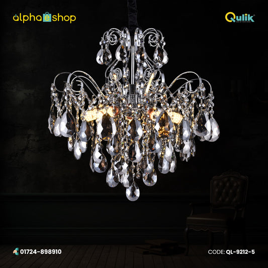 Qulik 9212-5 5 Light Ceiling Pendant in Polished Chrome with Crystal Decoration - LED, Adjustable Chain, Modern Design