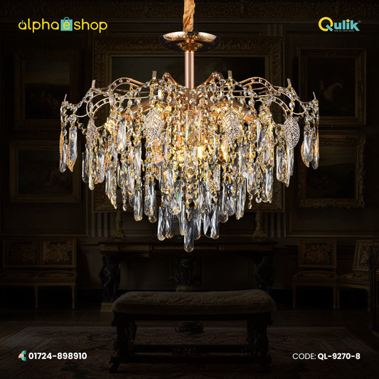 Qulik Modern Luxury Crystal Chandelier Pendent French Gold Clear 8 LED Light (QL-9270-8)