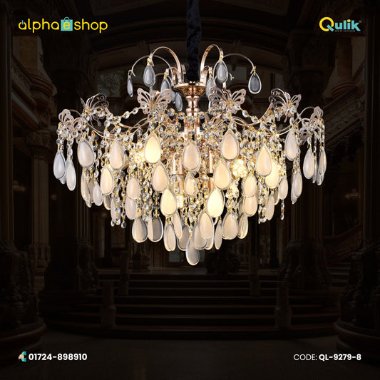 Qulik QL-9279-8 Golden Iron LED Ceiling Light - Luxury Crystal Pendant Chandelier