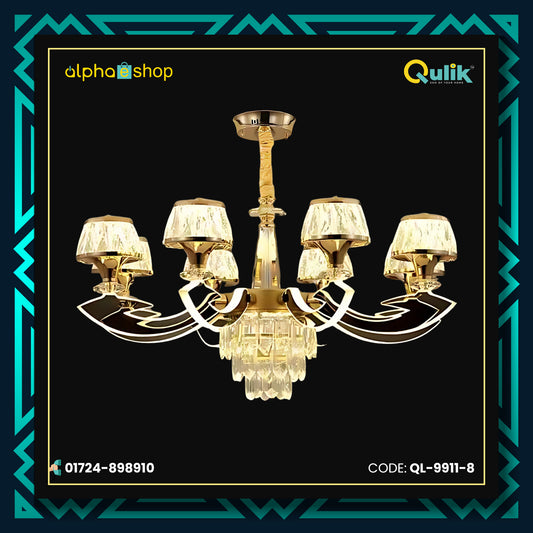 Qulik 9911-8 Golden Iron LED Ceiling Light - Modern Nordic Candle Crystal Chandelier with 8 Lamps