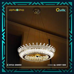 Qulik D007-500 Modern Crystal Chandelier Single Layer LED Ceiling Light. Versatile design with acrylic, crystal, and iron construction. Adjustable color temperature - Warm, White, Daylight. 60W power, 2-year warranty.