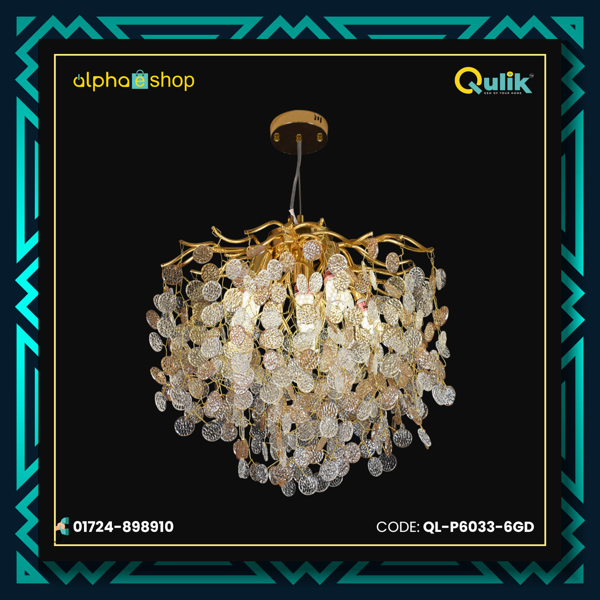 Qulik Chandelier Crystal LED Aluminum Gold Hanging Light  (QL-P6033-6GD)