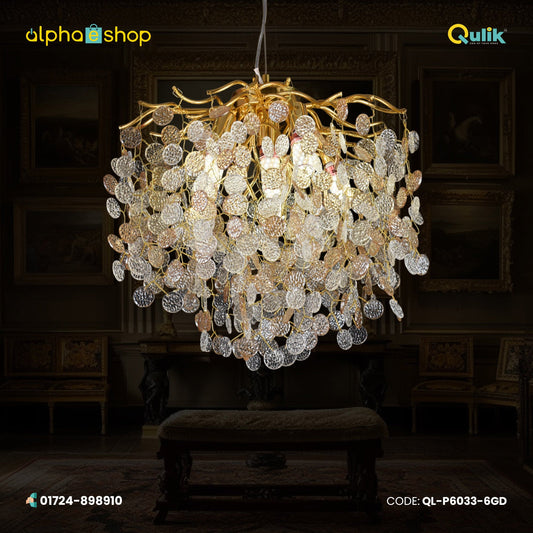 Qulik Chandelier Crystal LED Aluminum Gold Hanging Light  (QL-P6033-6GD)