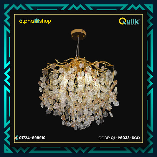 Qulik Chandelier Crystal LED Aluminum Gold Hanging Light  (QL-P6033-6GD)