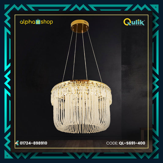Qulik S691-400 Modern Crystal Chandelier LED Ceiling Light. Versatile design with acrylic, crystal, and iron construction. Adjustable color temperature - Warm, White, Daylight. 60W power, 2-year warranty.