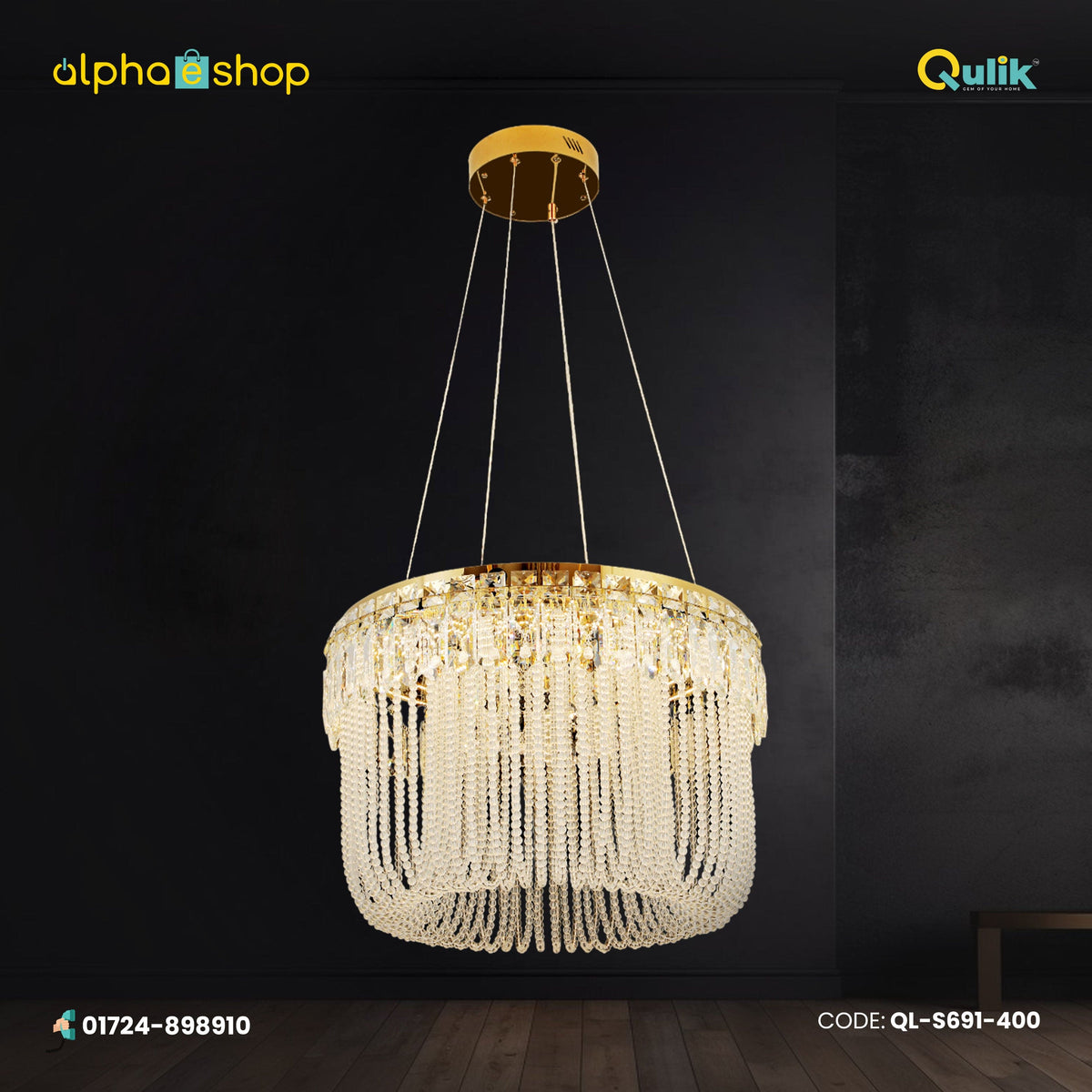 Qulik S691-400 Modern Crystal Chandelier LED Ceiling Light. Versatile design with acrylic, crystal, and iron construction. Adjustable color temperature - Warm, White, Daylight. 60W power, 2-year warranty.