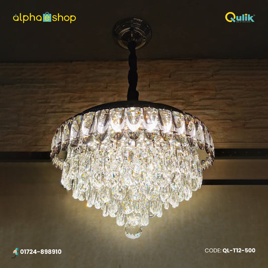 Qulik T12-500 Modern Crystal Chandelier 6-Layer LED Ceiling Light. Versatile design with acrylic, crystal, and iron construction. Adjustable color temperature - Warm, White, Daylight. 60W power, 2-year warranty.