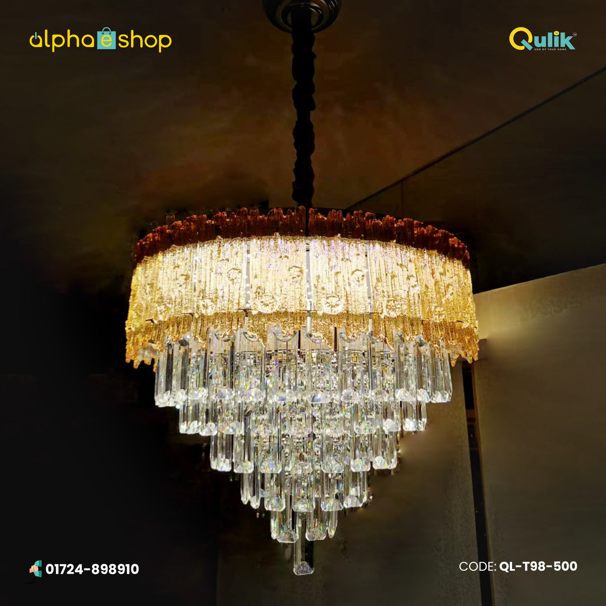 Qulik Modern Candle Crystal Chandelier Decoration Pendant Hanging 6 layer 3 color LED Ceiling Light (QL-T98-500)