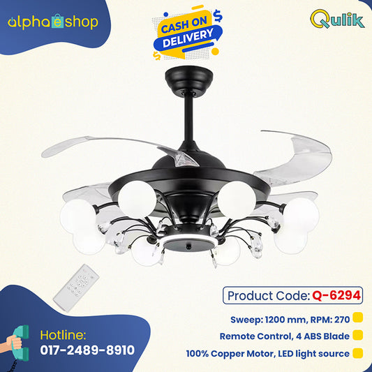 Qulik Q-6294 48-Inch Modern Chandelier Ceiling Fan with LED Light in Black