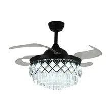 Qulik C06 48 Crystal Chandelier Retractable Invisible Blade MP3 Silent 3 Color Change LED Remote Ceiling Fan (Golden) Q-7459-BK - Elegant Black Ceiling Fan with Crystal Chandelier Style