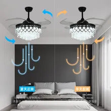 Qulik C06 48 Crystal Chandelier Retractable Invisible Blade MP3 Silent 3 Color Change LED Remote Ceiling Fan (Golden) Q-7459-BK - Elegant Black Ceiling Fan with Crystal Chandelier Style