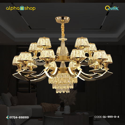 Qulik 9911-8-4 Golden Iron LED Ceiling Light - Modern Nordic Candle Crystal Chandelier with 12 Lamps