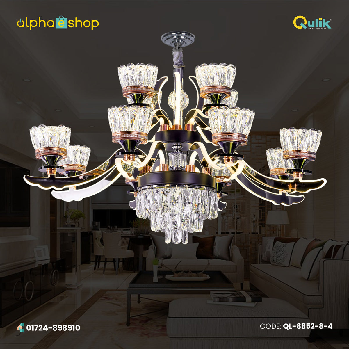 Qulik QL-8852-8-4 Golden & Black Iron LED Ceiling Lamp - Modern Nordic Double Layer Crystal Chandelier with 12 Lamps