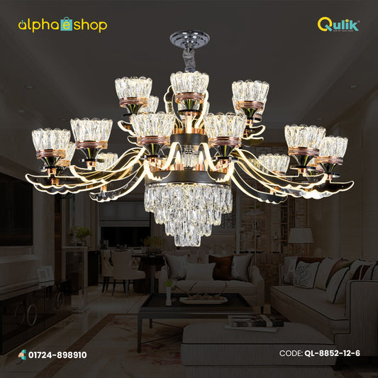 Qulik QL-8852-12-6 Golden & Black Iron LED Ceiling Lamp - Modern Nordic Double Layer Crystal Chandelier with 18 Lamps