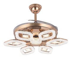 Qulik 48-inch Modern Chandelier Retractable Invisible Blade Silent 3 Color Change LED Remote Ceiling Fan Q-8299 - Elegant Golden Ceiling Fan with Chandelier-style Underlight