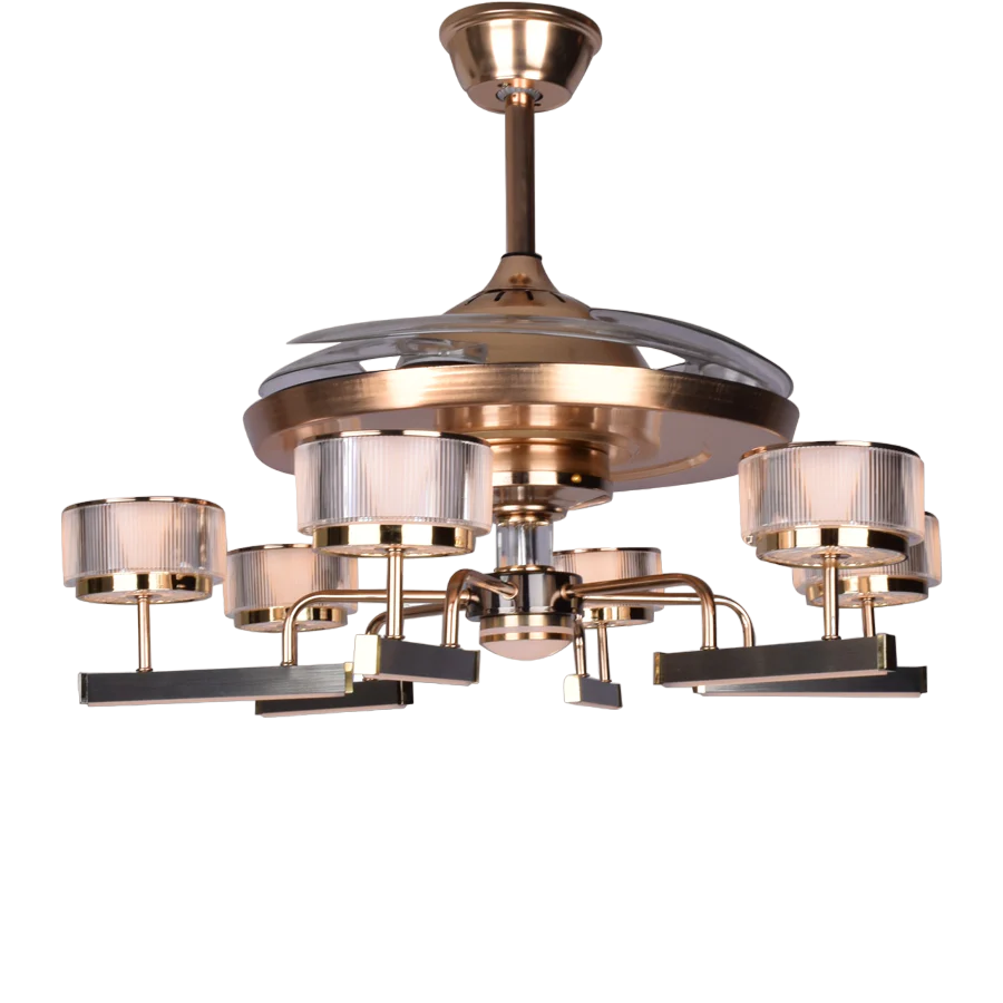 Qulik Q-6296 48 Inch Modern Chandelier Ceiling Fan - 4-Blade, LED Light, 3 Color Change, Remote Control (Golden)