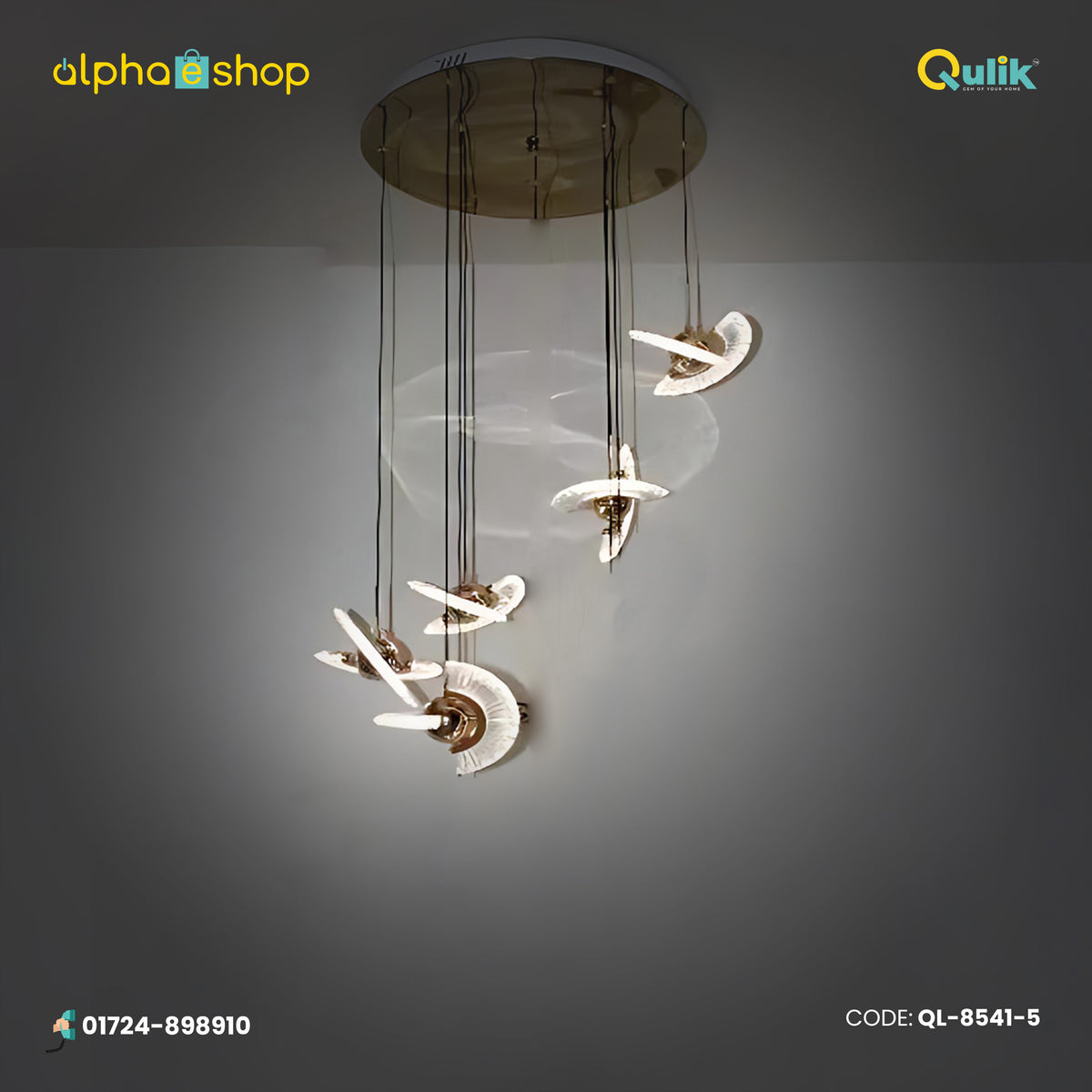 Qulik Modern Chandelier Hanging Acrylic Cable 5 Head LED Ceiling Light (8541-5)