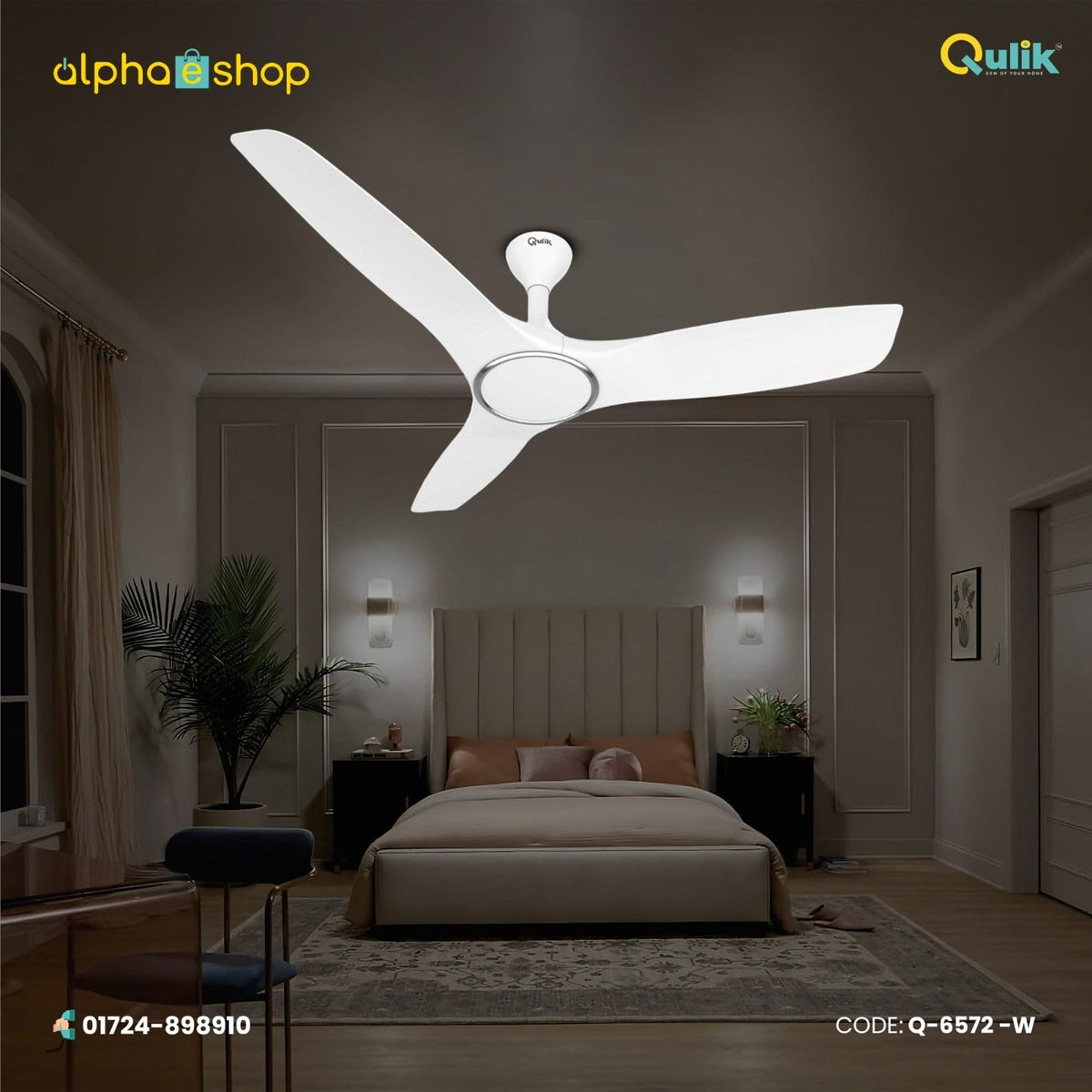 Qulik Aerovane 52" Modern Decorative Silent ABS Blade Remote Ceiling Fan (White) Q-6572-W