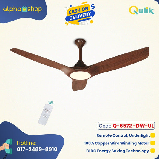 Qulik Aerovane 52" Modern Decorative Silent ABS Blade Remote Under Light Ceiling Fan (Dark Wooden) Q-6572-DW-UL