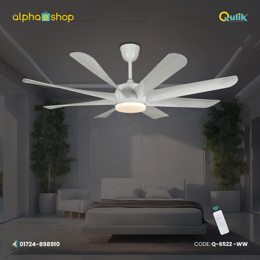 Qulik Helix UL 60"- Modern Decorative Silent ABS Blade Under light with Remote Ceiling Fan (White Wood) Q-6522-WW