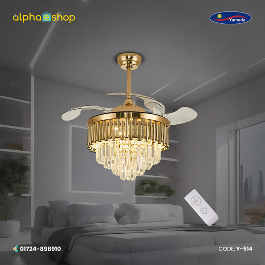Yamada Alpha 42’’ Retractable Crystal Silent 3 Light Change LED Chandelier with Remote Invisible Blade Golden Crystal  Y-514