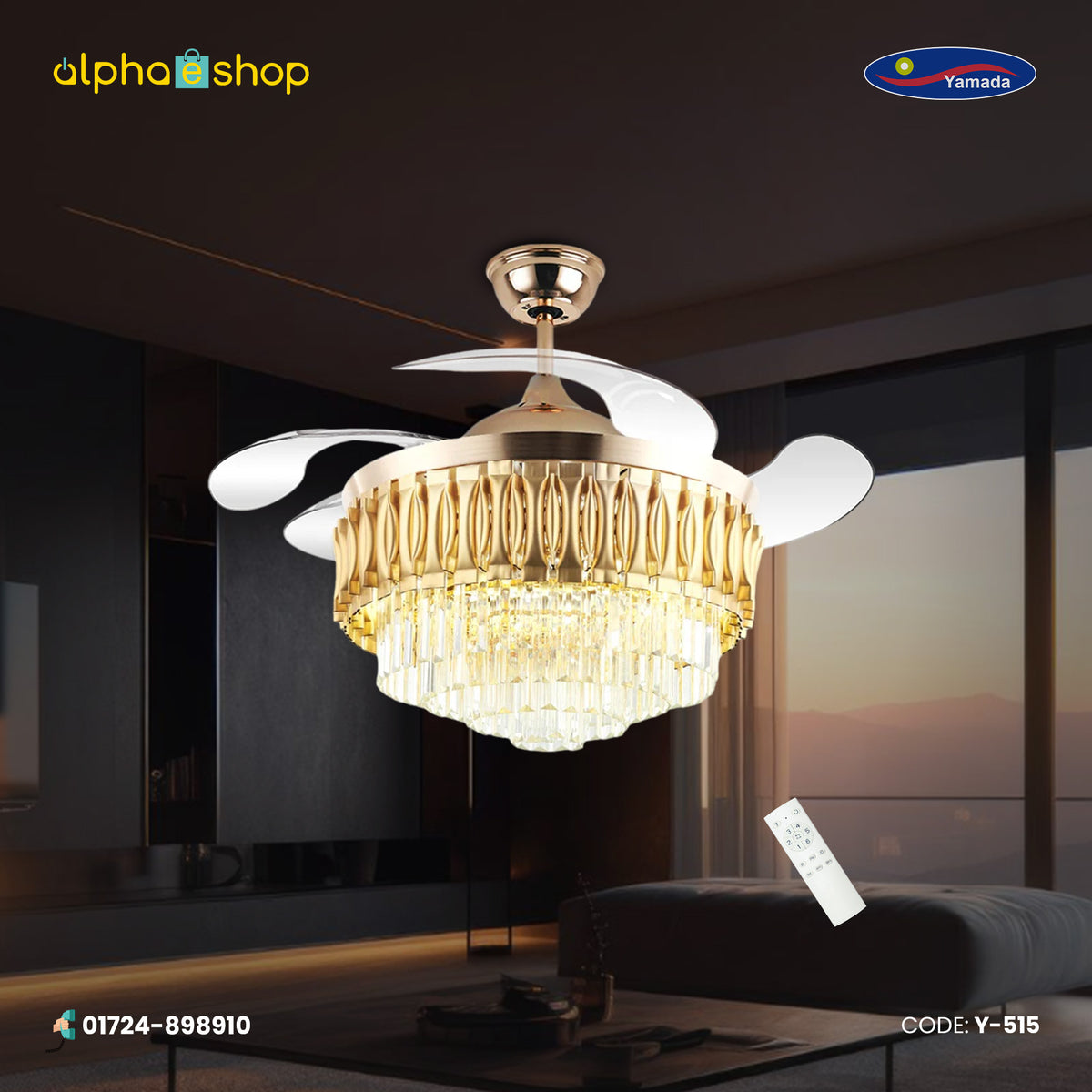 Yamada Alpha 42’’ Retractable Crystal Silent 3 Light Change LED Chandelier with Remote Invisible Blade Golden Crystal  Y-515