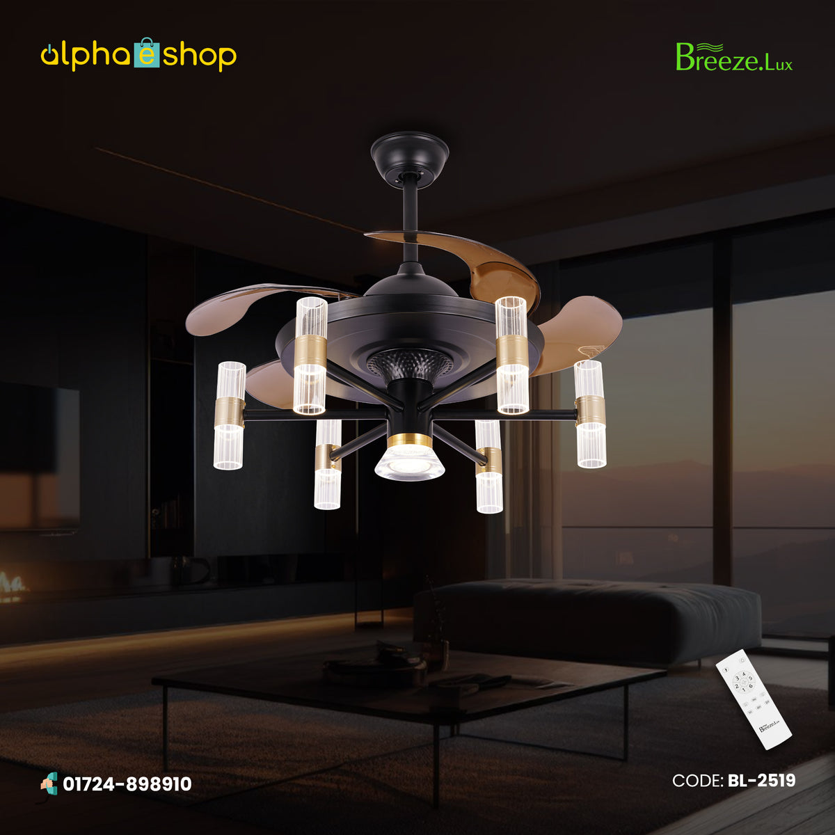 Breezelux Alpha 48" Elegant Modern Retractable Luxury Decorative Silent Underlight Invisible Blade Chandelier with Remote Ceiling Fan (Black & Coffee) BL-2519