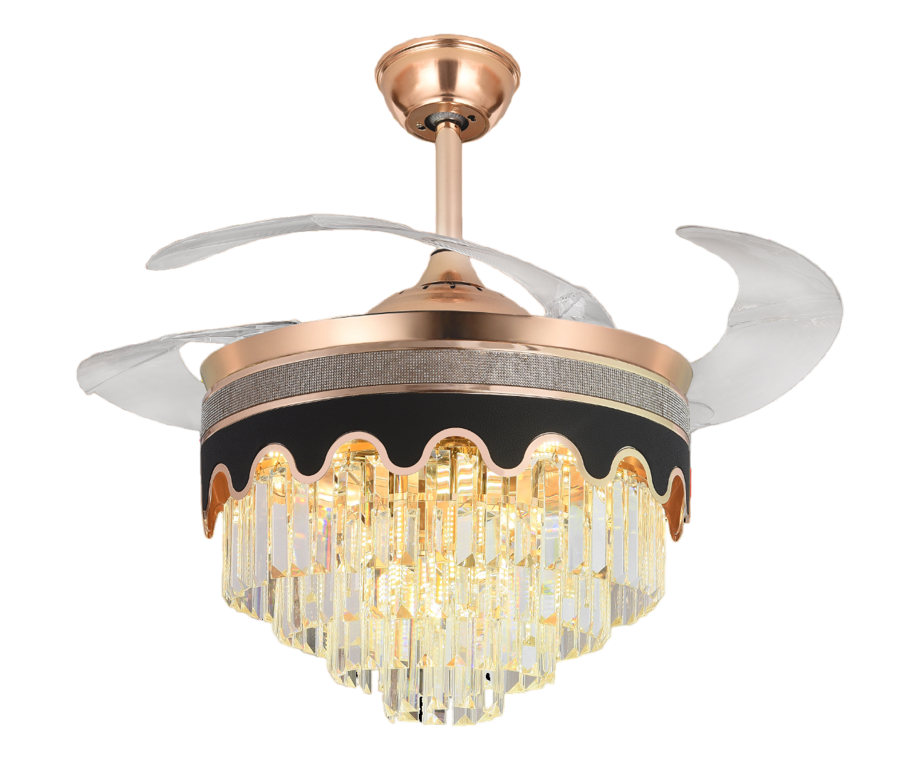 Qulik C04 48" Crystal Chandelier Retractable Invisible Blade MP3 Silent 3 Color Change LED Remote Ceiling Fan (Golden) Q-8222 - Elegant Crystal Chandelier Fan in Golden Finish