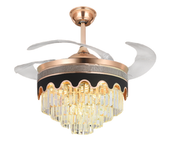 Qulik C04 48" Crystal Chandelier Retractable Invisible Blade MP3 Silent 3 Color Change LED Remote Ceiling Fan (Golden) Q-8222 - Elegant Crystal Chandelier Fan in Golden Finish