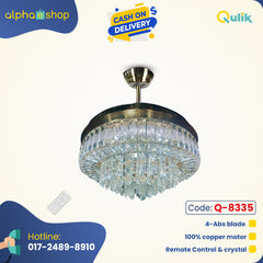 Qulik 48" Crystal Chandelier Retractable Invisible Blade MP3 Silent 3 Color Change LED Remote Ceiling Fan (GOLDEN) Q-8335