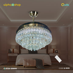 Qulik 48" Crystal Chandelier Retractable Invisible Blade MP3 Silent 3 Color Change LED Remote Ceiling Fan (GOLDEN) Q-8335