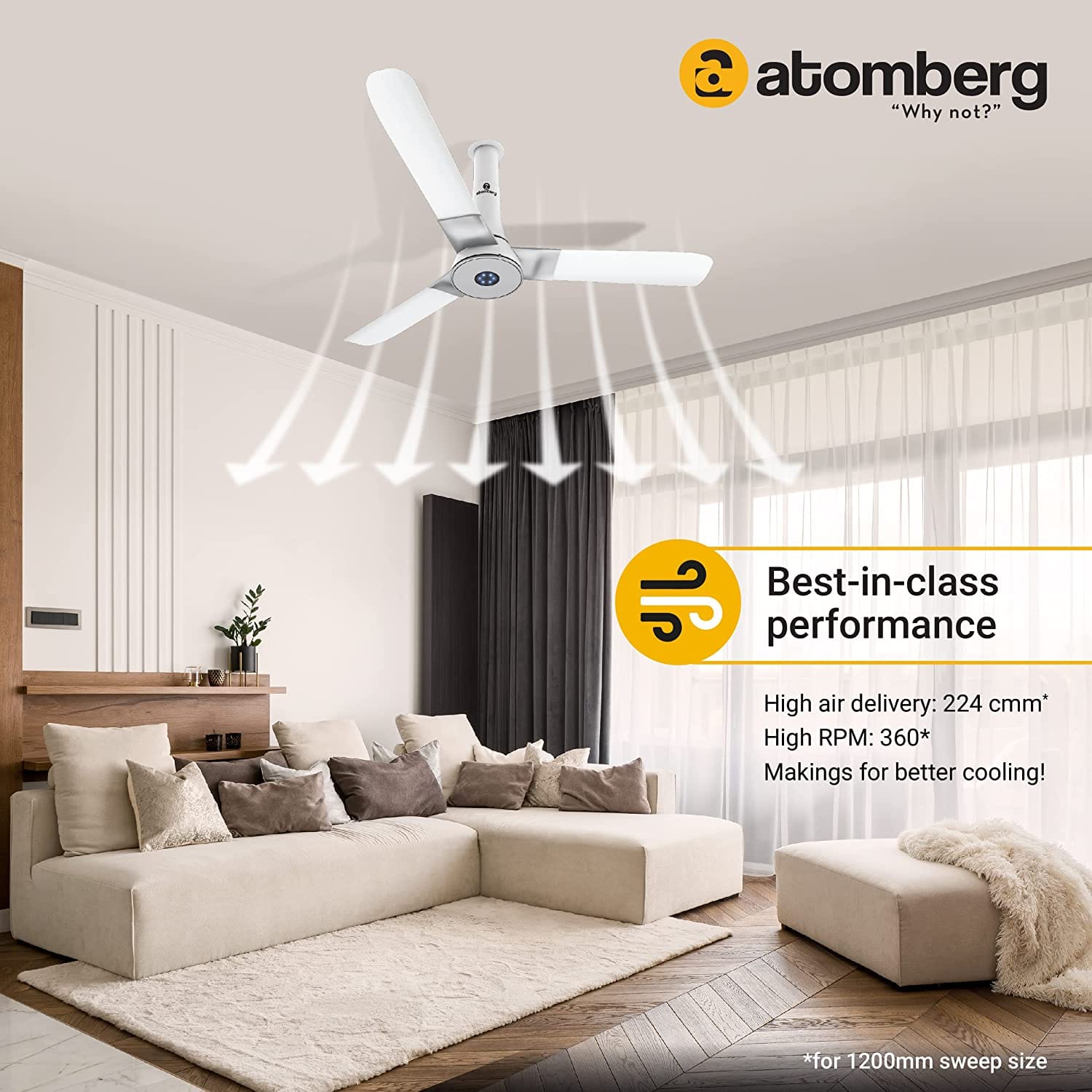 Atomberg Studio+ 48"  32W BLDC motor Energy Saving Anti-Dust Speed Indicator Light Ceiling Fan with Remote Control  ( White )  AT-106