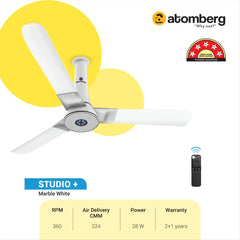 Atomberg Studio+ 48" 35W BLDC motor Energy Saving Anti-Dust Speed Indicator Light Ceiling Fan with Remote Control  ( White )  AT-106