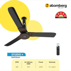 Atomberg Studio+ 48" 35 Watt BLDC motor Energy Saving Anti-Dust Speed Indicator Light  Ceiling Fan with Remote Control ( Brown) AT-104