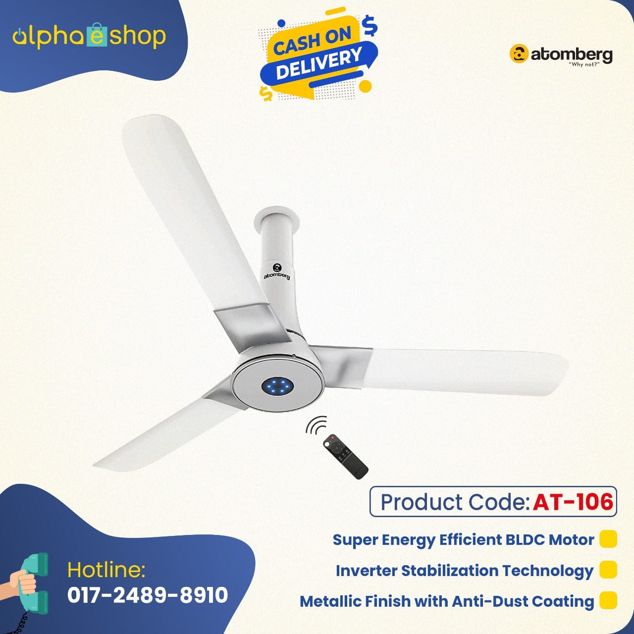 Atomberg Studio+ 48"  32W BLDC motor Energy Saving Anti-Dust Speed Indicator Light Ceiling Fan with Remote Control  ( White )  AT-106