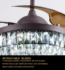 Luxury 42’’ Retractable Crystal Silent 3 Light Change LED Chandelier with Remote Invisible Blade Golden Crystal CF-618