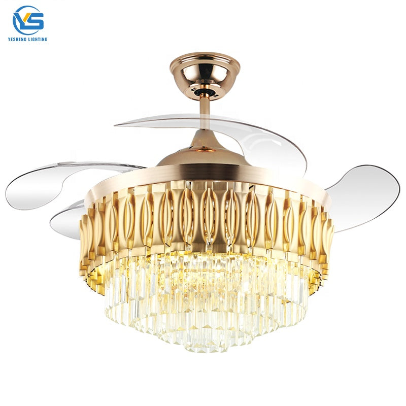 Yamade Alpha 42’’ Retractable Crystal Silent 3 Light Change LED Chandelier with Remote Invisible Blade Golden Crystal Y-515