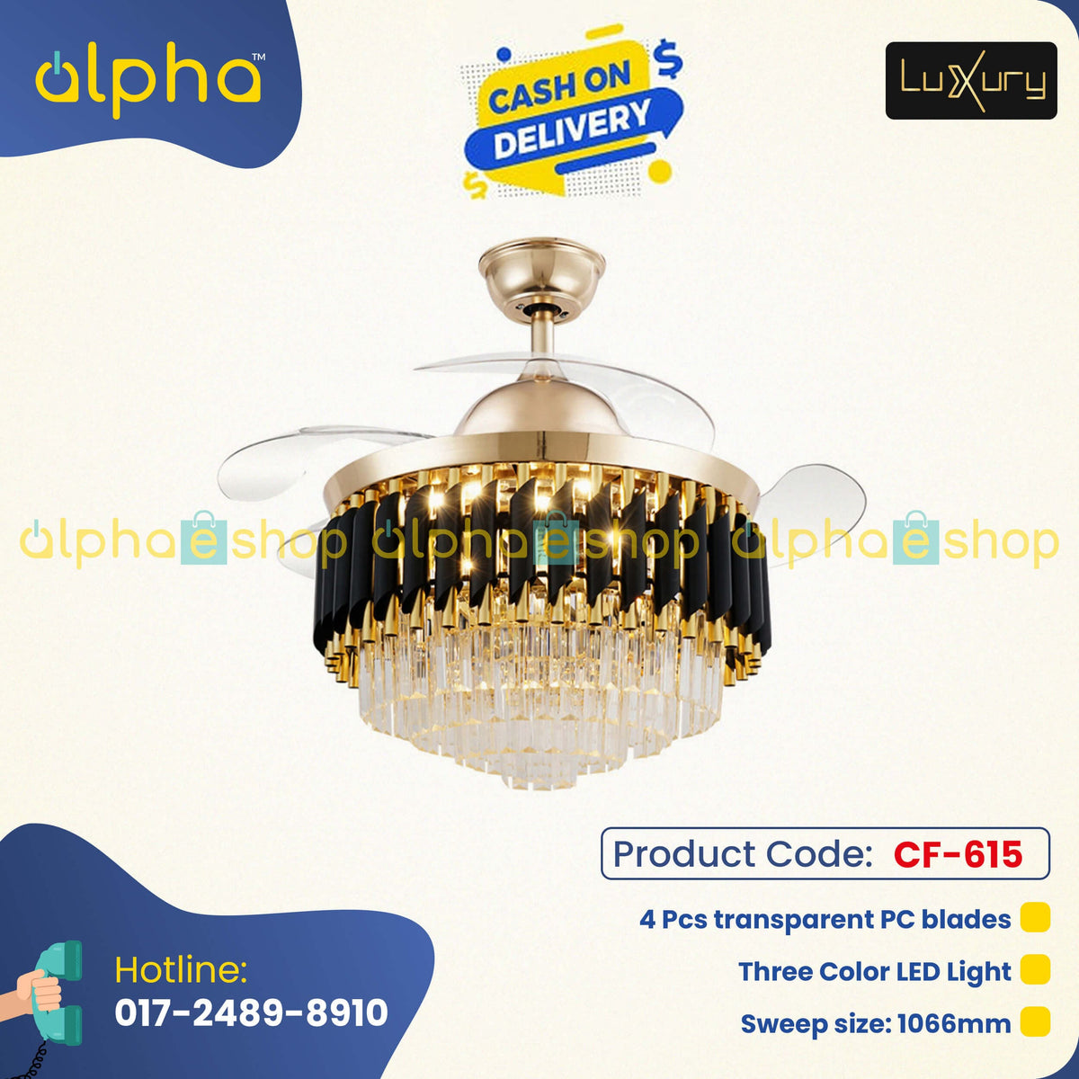 Luxury 42’’ Retractable Crystal Silent 3 Light Change LED Chandelier with Remote Invisible Blade Golden Crystal CF-615