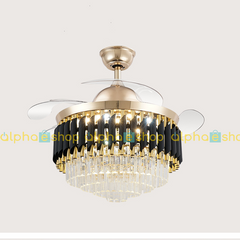 Luxury 42’’ Retractable Crystal Silent 3 Light Change LED Chandelier with Remote Invisible Blade Golden Crystal CF-615