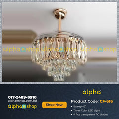 Luxury 42’’ Retractable Crystal Silent 3 Light Change LED Chandelier with Remote Invisible Blade Golden Crystal CF-616