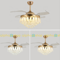 Luxury 42’’ Retractable Crystal Silent 3 Light Change LED Chandelier with Remote Invisible Blade Golden Crystal CF-616