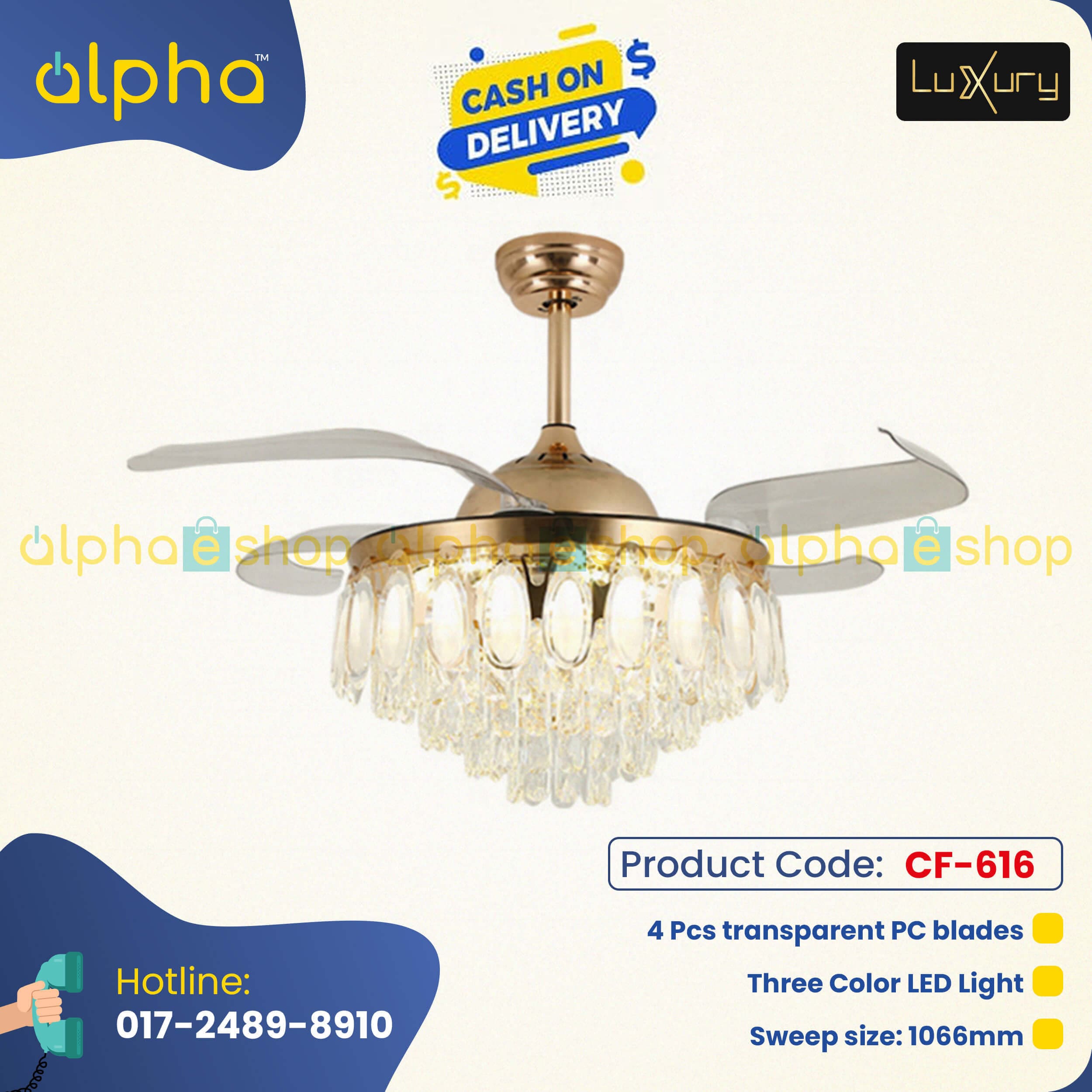 Luxury 42’’ Retractable Crystal Silent 3 Light Change LED Chandelier with Remote Invisible Blade Golden Crystal CF-616