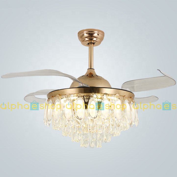 Luxury 42’’ Retractable Crystal Silent 3 Light Change LED Chandelier with Remote Invisible Blade Golden Crystal CF-616