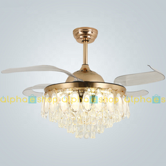 Luxury 42’’ Retractable Crystal Silent 3 Light Change LED Chandelier with Remote Invisible Blade Golden Crystal CF-616