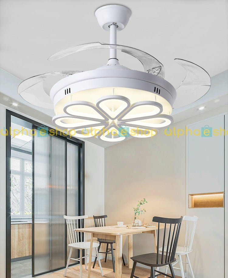 Luxury 42’’ Retractable Crystal Silent 3 Light Change LED Chandelier with Remote Invisible Blade Golden Crystal CF-617..
