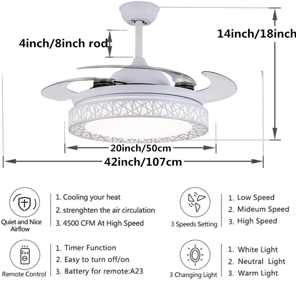 Luxury 42  Modern Retractable Silent 3 Light Remote Control Chandelier Ceiling fan  (Golden) CF - 635