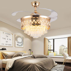 Luxury 42’’ Retractable Crystal Silent 3 Light Change LED Chandelier with Remote Invisible Blade Golden Crystal CF-622