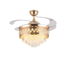 Luxury 42’’ Retractable Crystal Silent 3 Light Change LED Chandelier with Remote Invisible Blade Golden Crystal CF-622